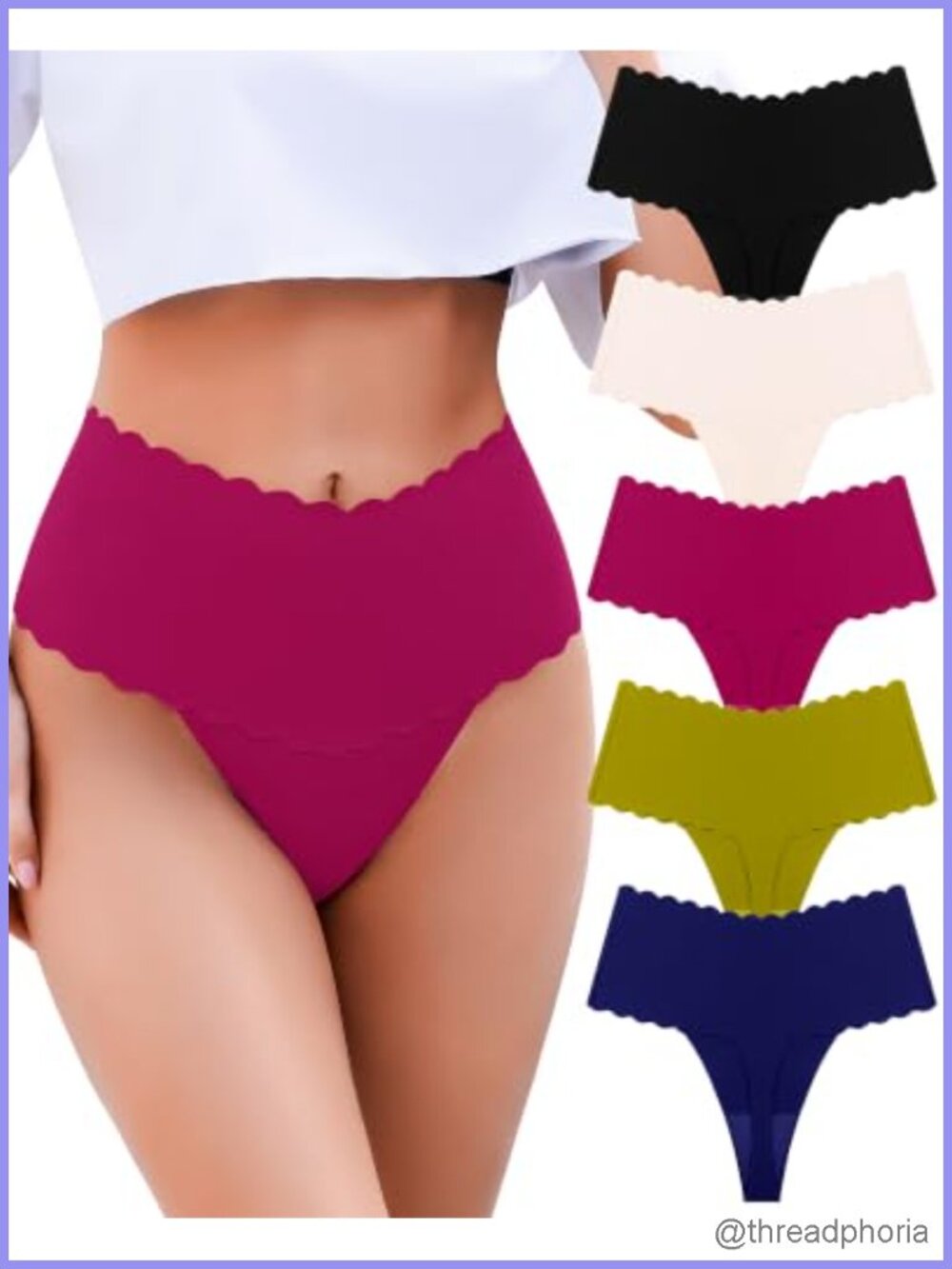 Seamless High Waisted Thong Panties for Women No Show Slight Tummy Control Wave